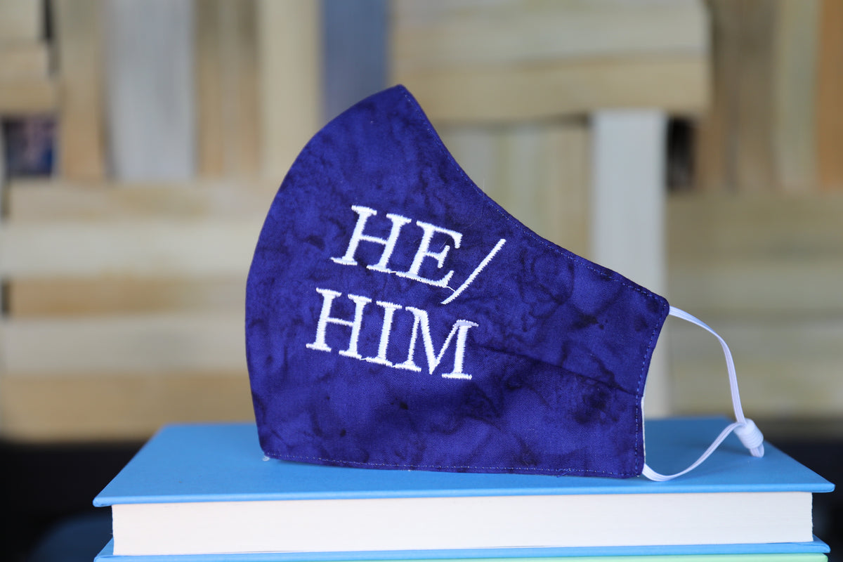 Pronoun Mask: He/Him Blue